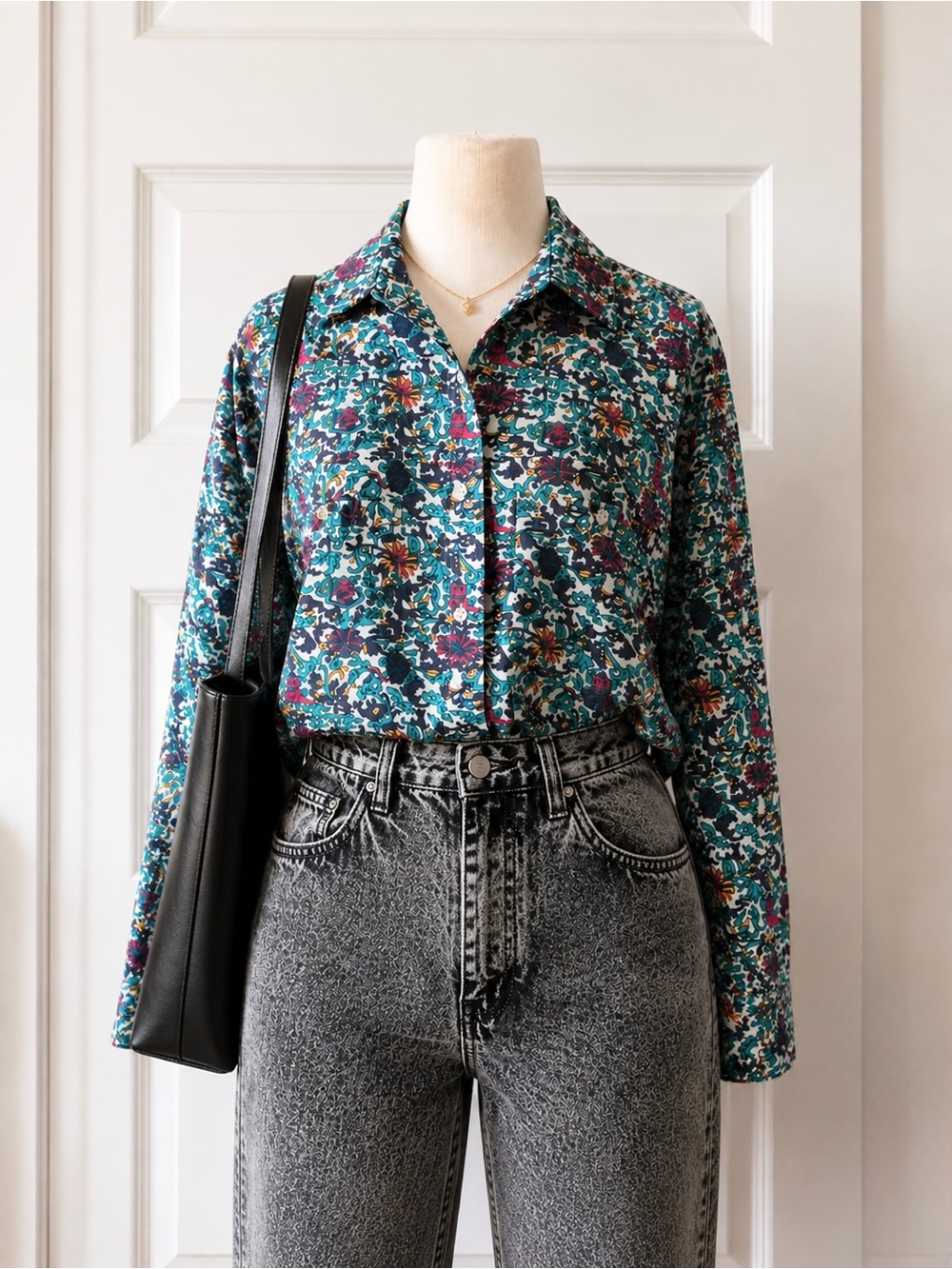 Vintage ILIO Floral Paisley Button Down Shirt Women’s L Oversized Teal Pink
